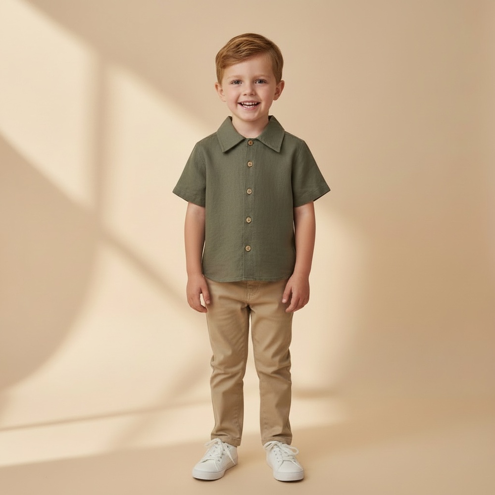 Boys 3T 100% Linen Short Sleeve Button-Up Shirt Gray Preppy Mom and Pop's Kids‎